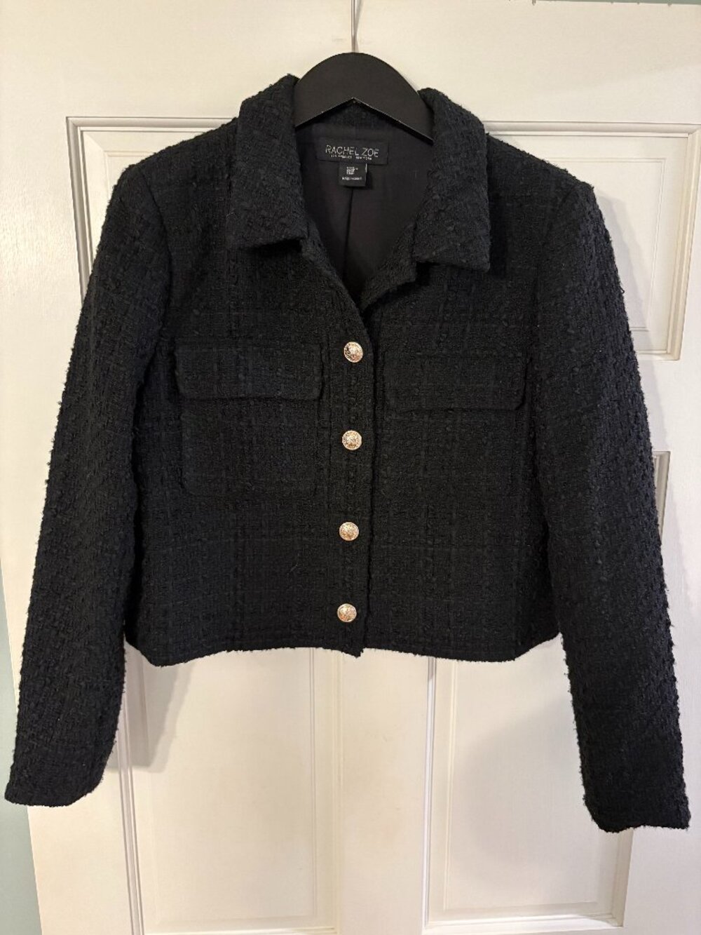 Rachel Zoe Black Tweed Cropped Lady Jacket Gold Buttons NWOT | Size M